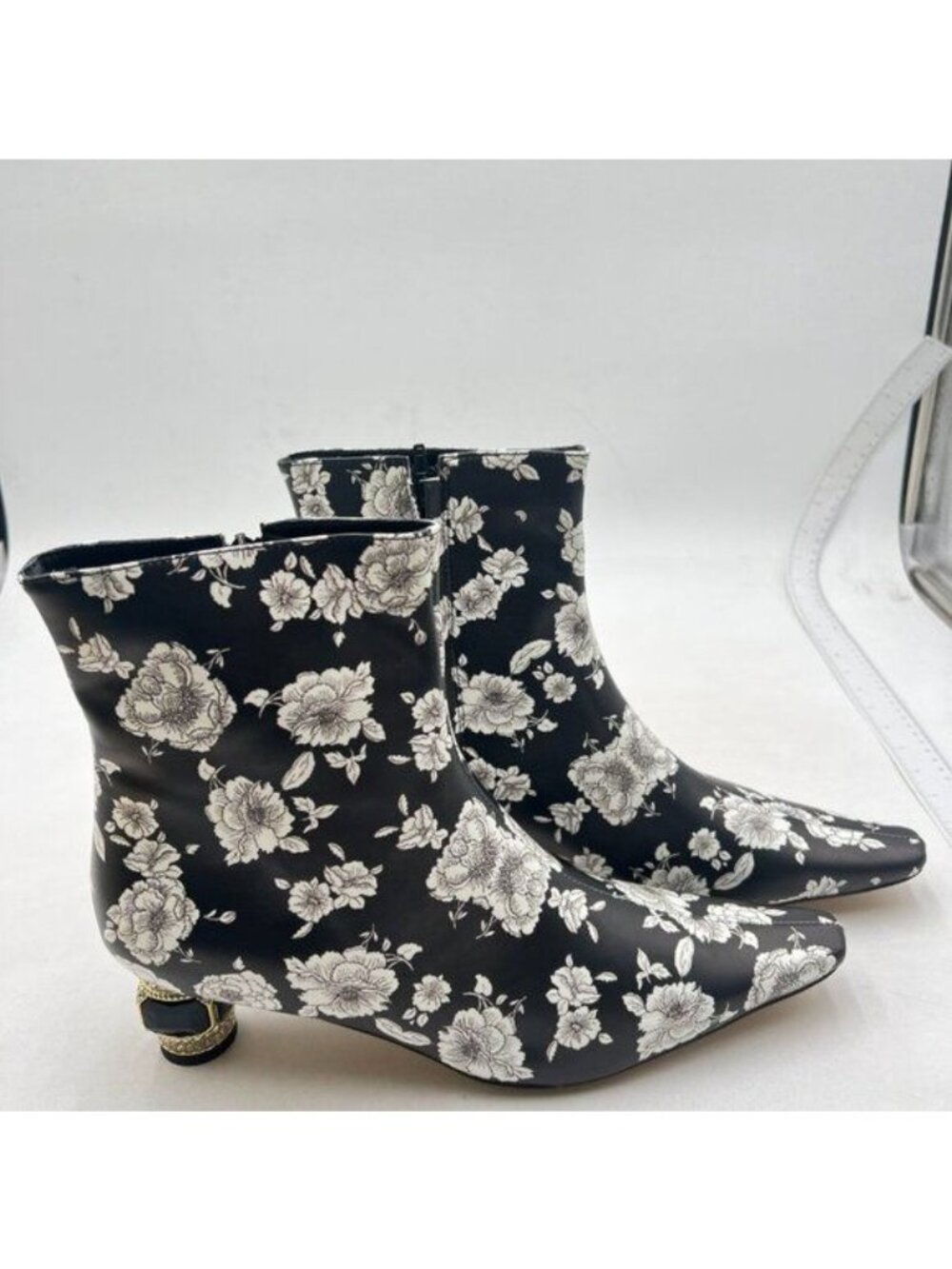 XYD Women Mid Low Chunky Crystal Gem Heel Ankle Boots Square Toe Boots Flowers - Picture 4 of 8